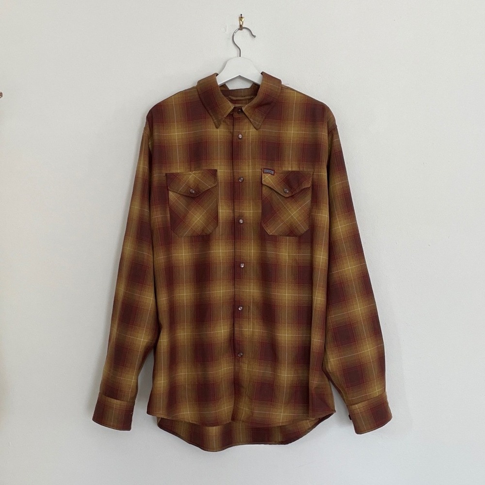 Dixxon Ranchcore Plaid Button Down Shirt Mens XL Brown Gold Westernwear